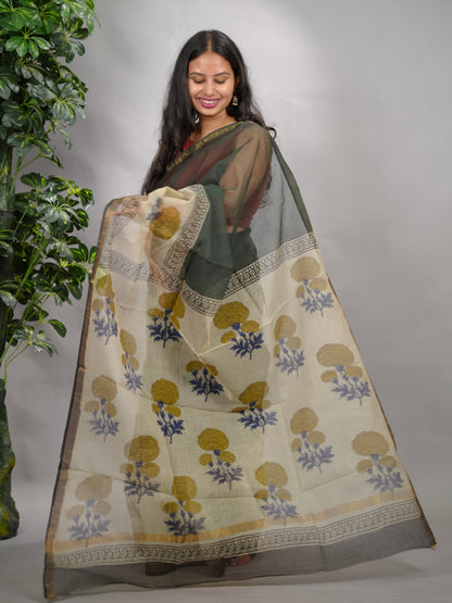 Green Pure Kota Doria Saree with Bagru Handblock Prints
