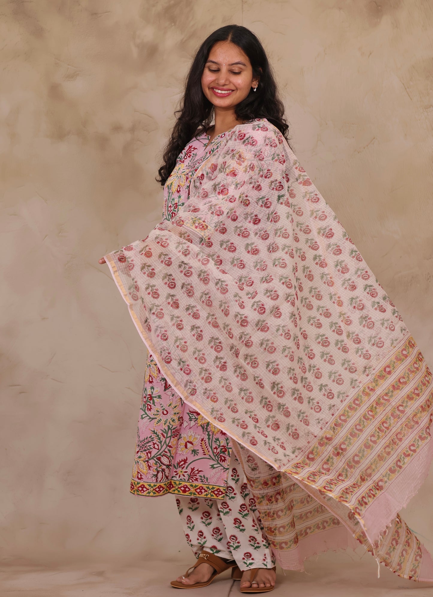 Pastel Pink Handblock printed Pure Mul Cotton with Kota Doria Duppata 3 piece suit (stitched)