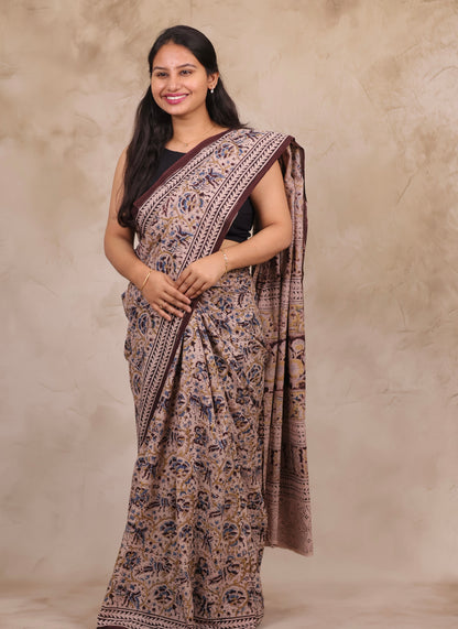 Cream Hand Block Printed Kalamkari Cotton Saree | Looms & Tassels
