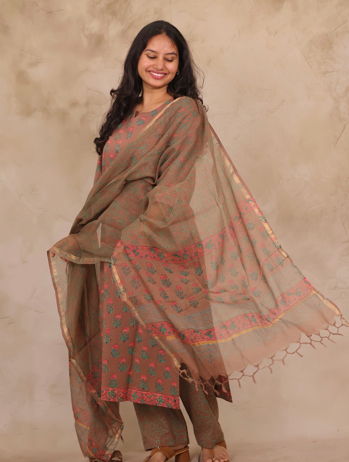 Brown Handblock printed Pure Mul Cotton with Kota Doria Duppata 3 piece suit (stitched)