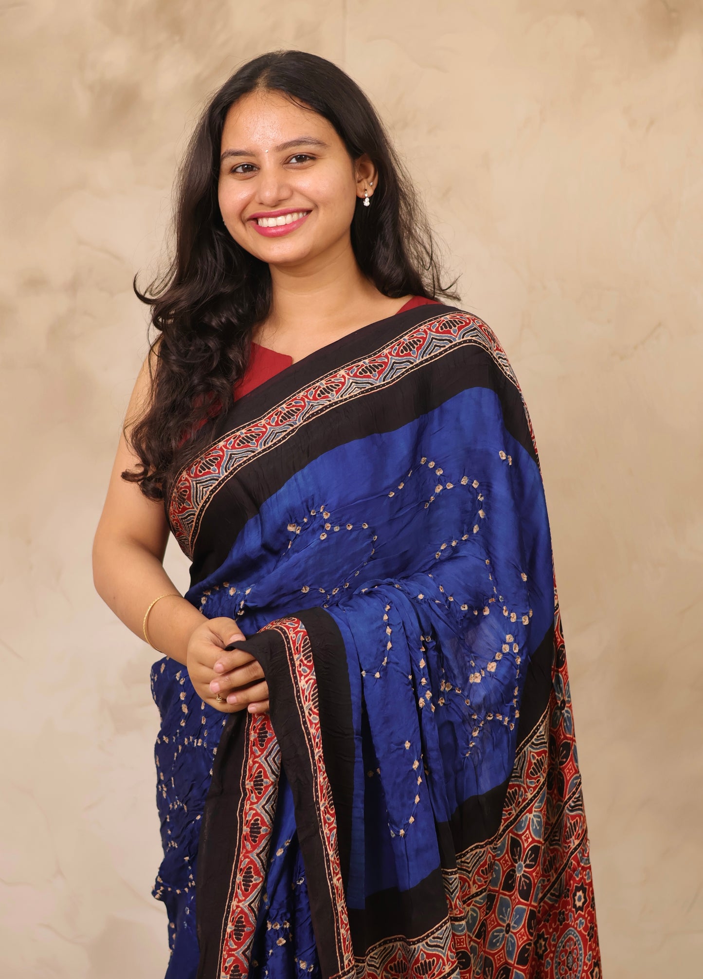 Blue Hand Knotted Bandhej Arakh Modal Silk Saree with Lagdi Pallu | Looms & Tassels