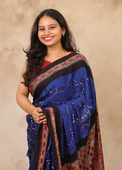 Blue Hand Knotted Bandhej Arakh Modal Silk Saree with Lagdi Pallu | Looms & Tassels