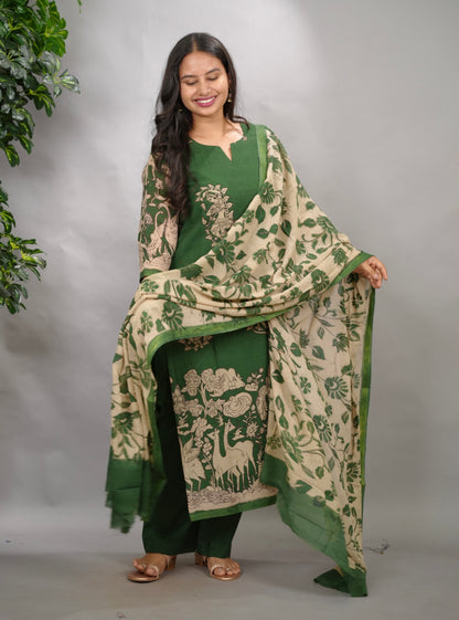 Green Kalamkari Kota Cotton 3 piece suit (stitched) | Looms & Tassels