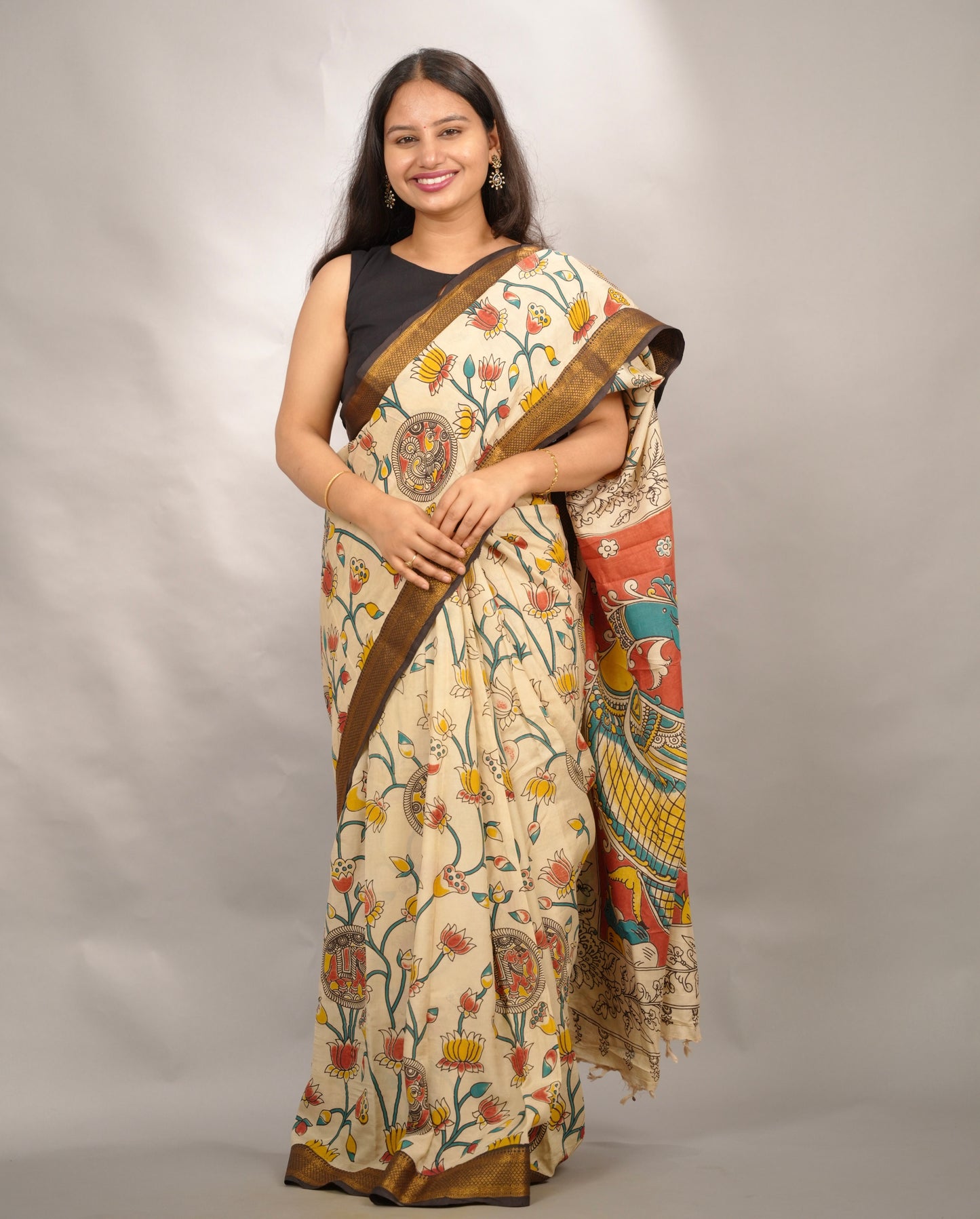 Cream Kalamkari Nizam Border Chennur Silk Saree | Looms & Tassels