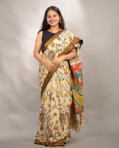 Cream Kalamkari Nizam Border Chennur Silk Saree | Looms & Tassels