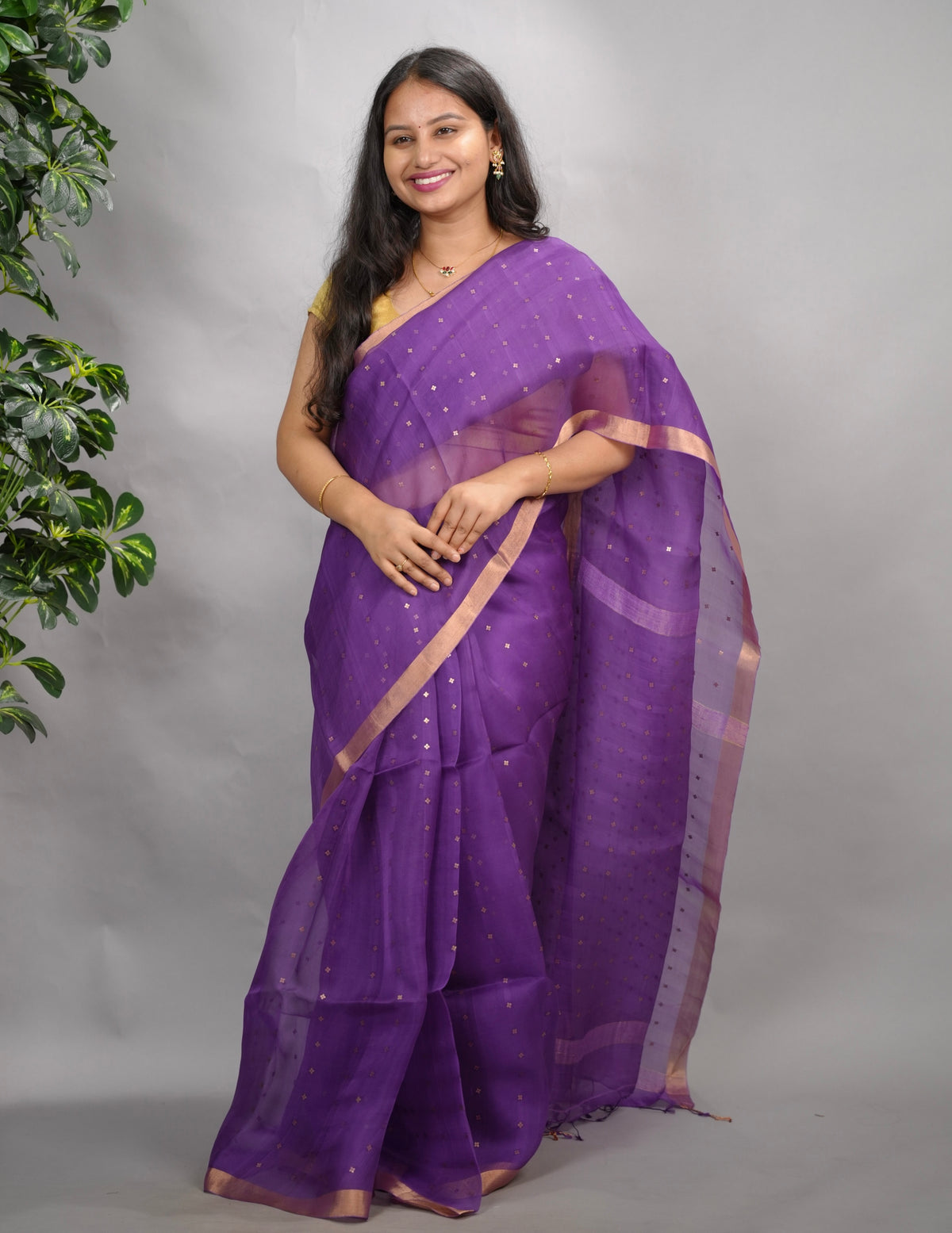 Purple Handwoven Muslin Silk Saree With Sequence Work | Looms & Tassels