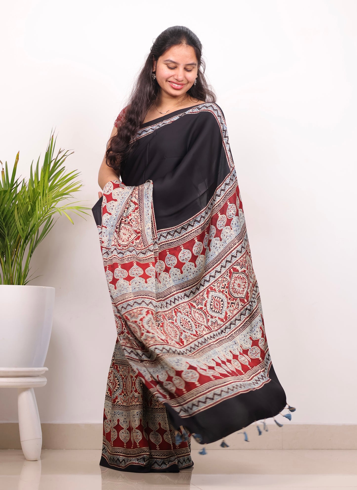 Black Half & Half Authentic Ajrakh Handblock Printed Modal Silk Saree | Looms & Tassels