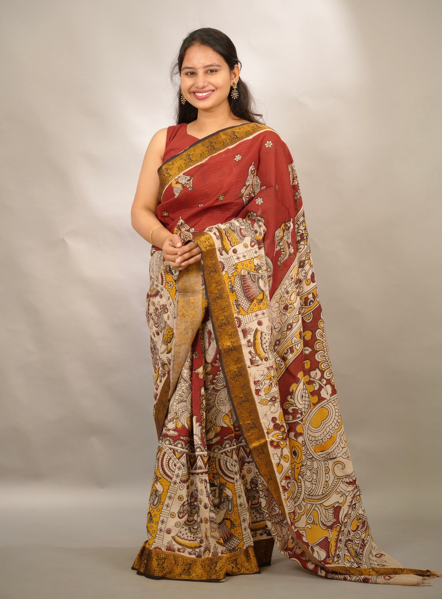 Maroon Kanchi border Kalamkari chennur silk saree | Looms & Tassels