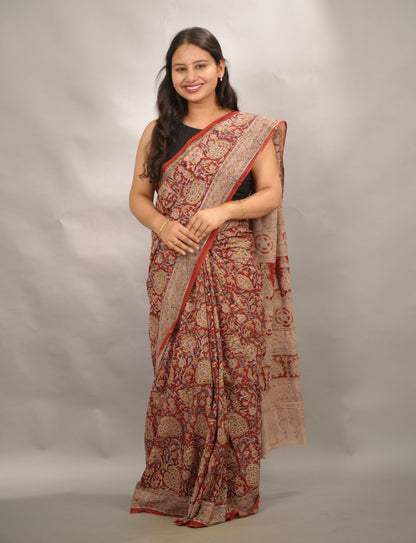 Red Hand Block Printed Kalamkari Cotton Saree | Looms & Tassels