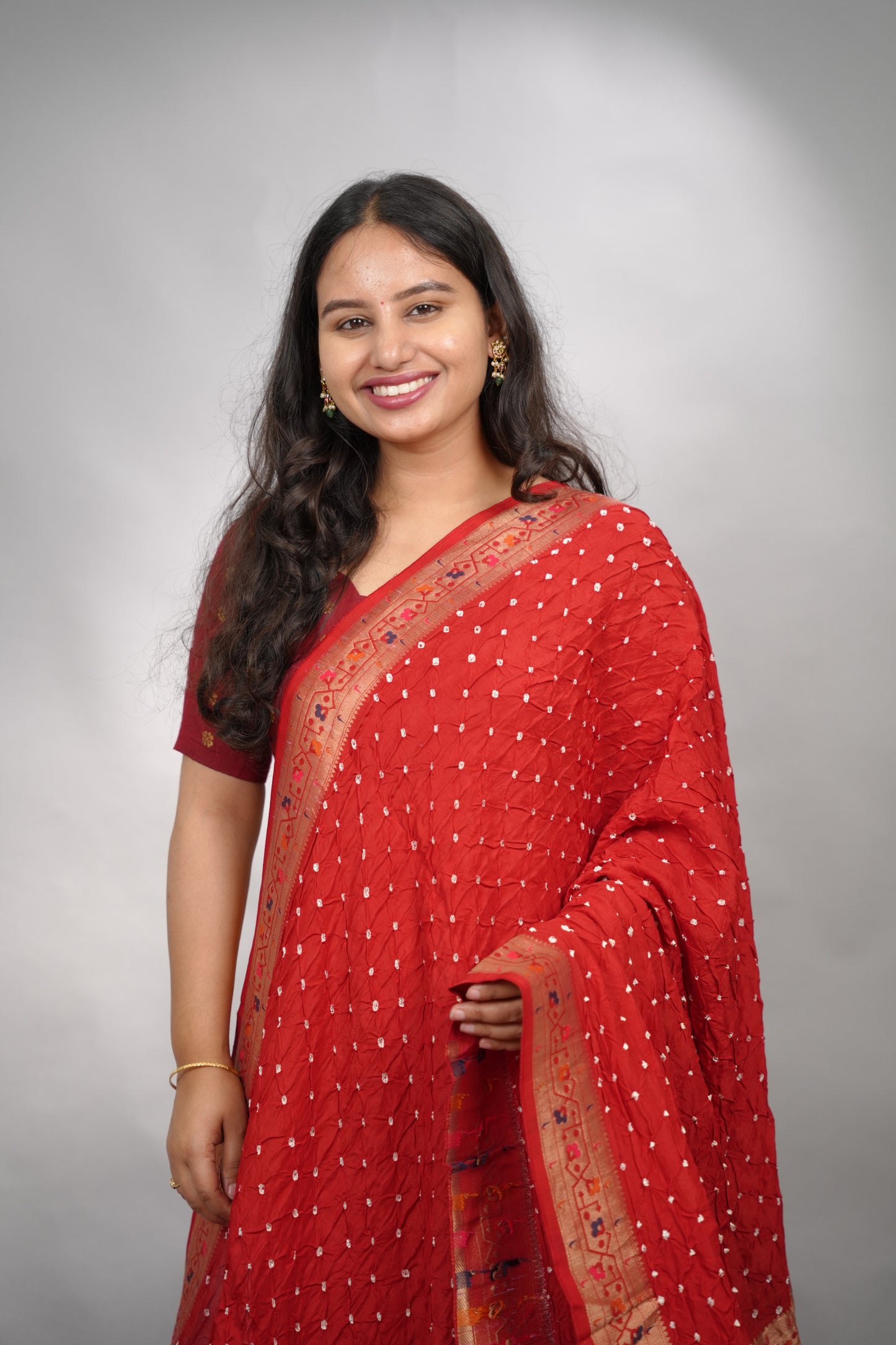 Red Handcrafted Bandhani Paithani Dola Silk Saree | Looms & Tassels