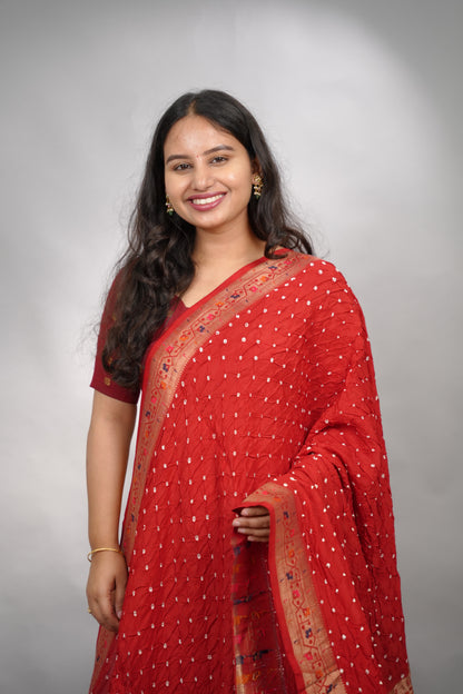 Red Handcrafted Bandhani Paithani Dola Silk Saree | Looms & Tassels