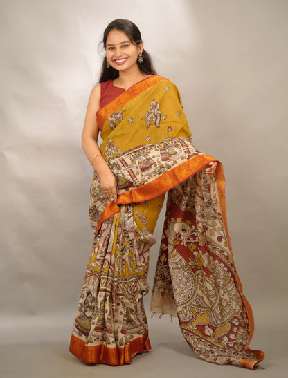 Mustard Kanchi border Kalamkari Chennur Silk Saree | Looms & Tassels