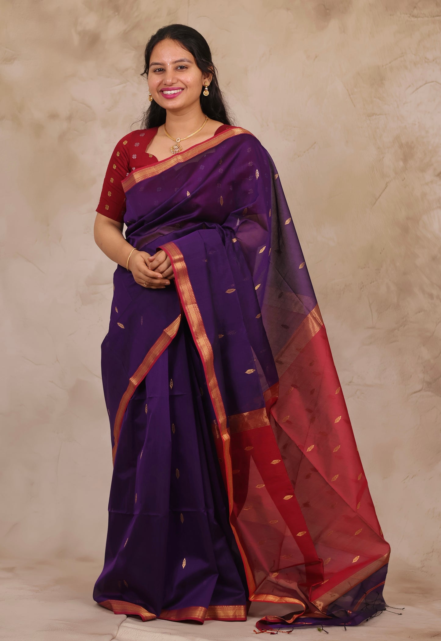 Purple Handloom Maheswari Silk Cotton Sarees | Looms & Tassels