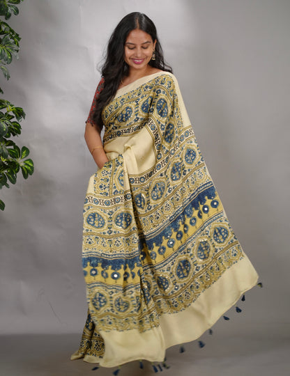 Off White Ajrakh Modal Silk Hand Embroidery Saree  | Looms & Tassels