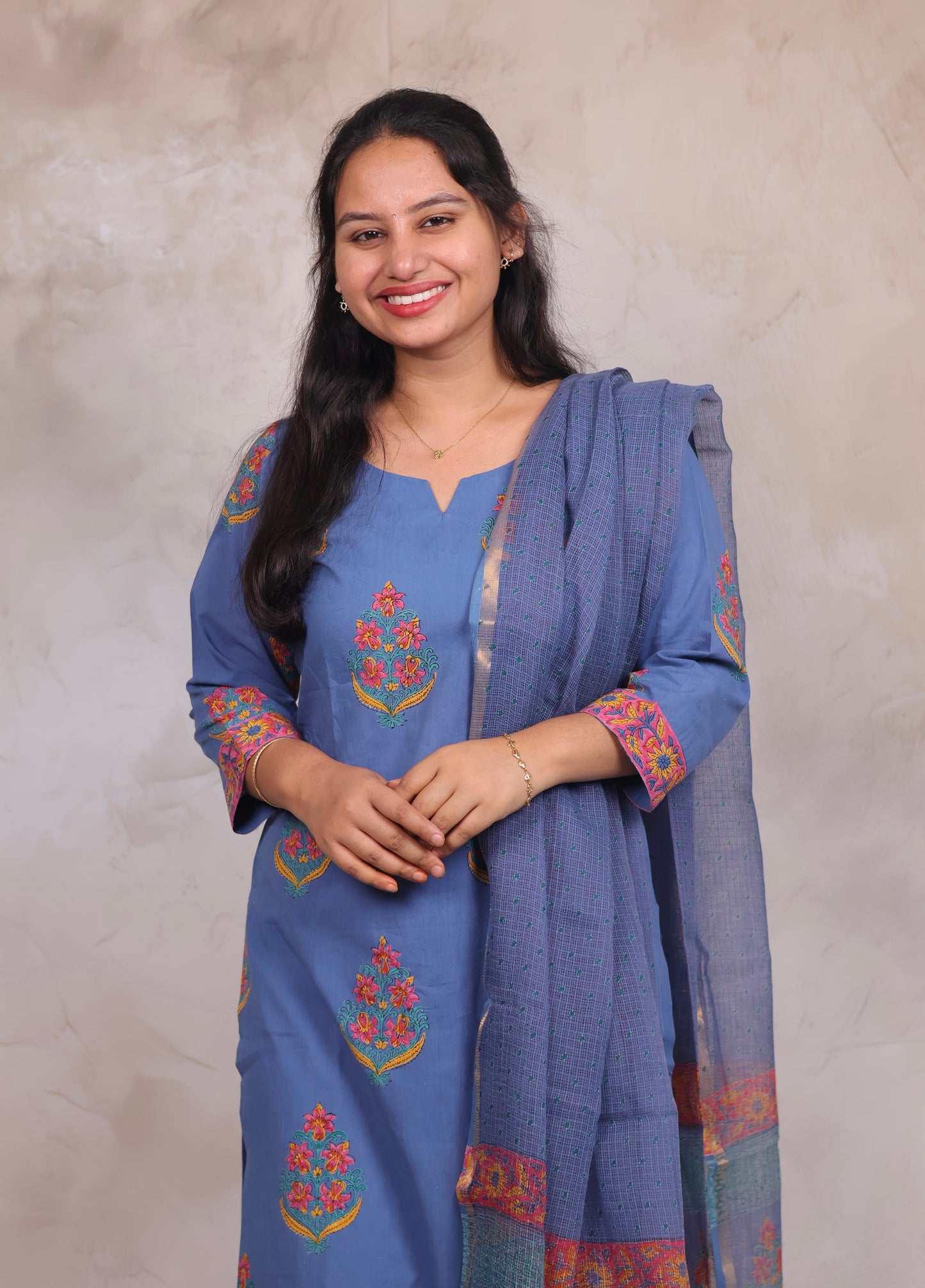 Blue Handblock printed Pure Mul Cotton with Kota Duppata 3 piece suit (stitched)