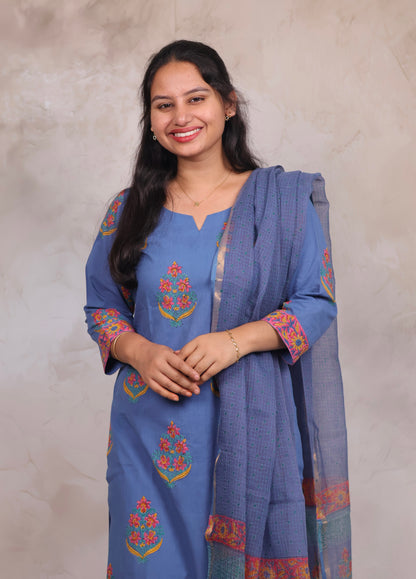 Blue Handblock printed Pure Mul Cotton with Kota Duppata 3 piece suit (stitched)