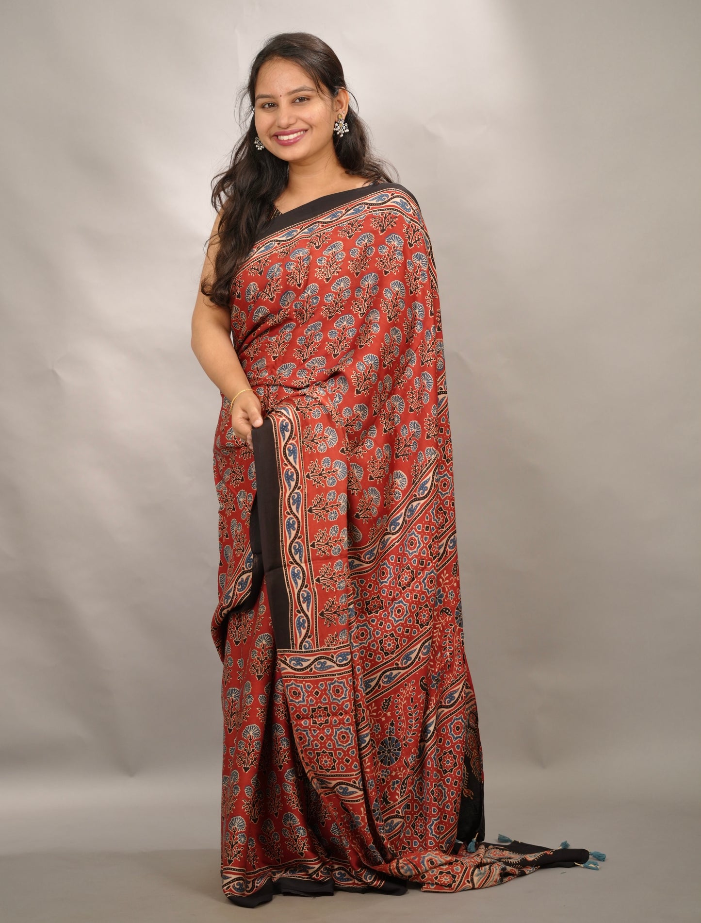 Maroon Kutchi Butta Authentic Ajrakh Handblock Printed Modal Silk Saree | Looms & Tassels