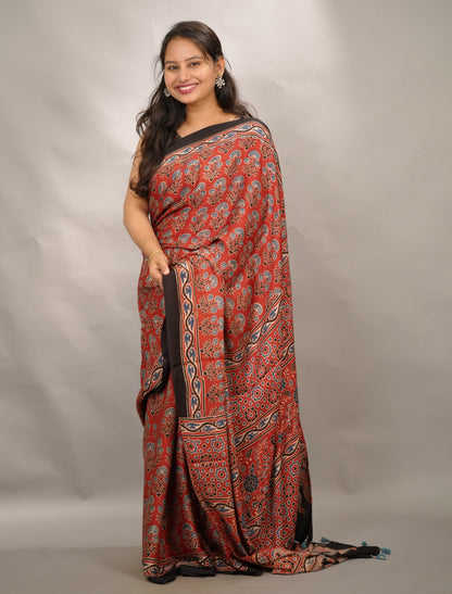 Maroon Kutchi Butta Authentic Ajrakh Handblock Printed Modal Silk Saree | Looms & Tassels