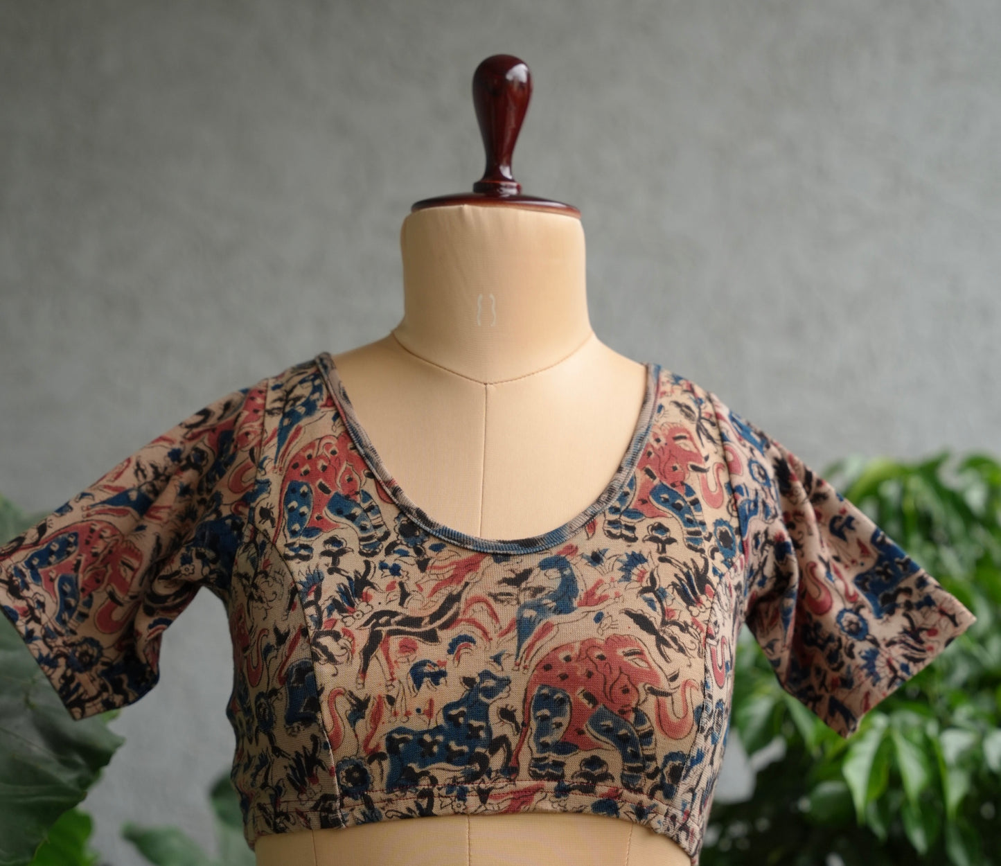 Cream Round Neck Stretchable Hand block printed kalamkari blouse