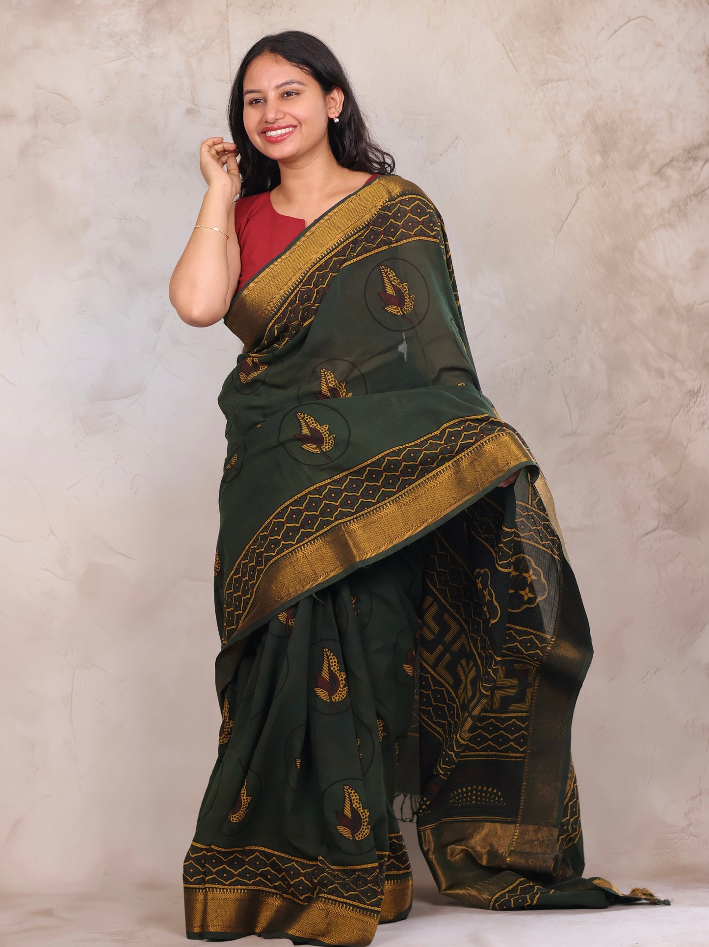Green Ajrakh Hand Block Printed Mangalagiri Cotton Saree | Looms & Tassels