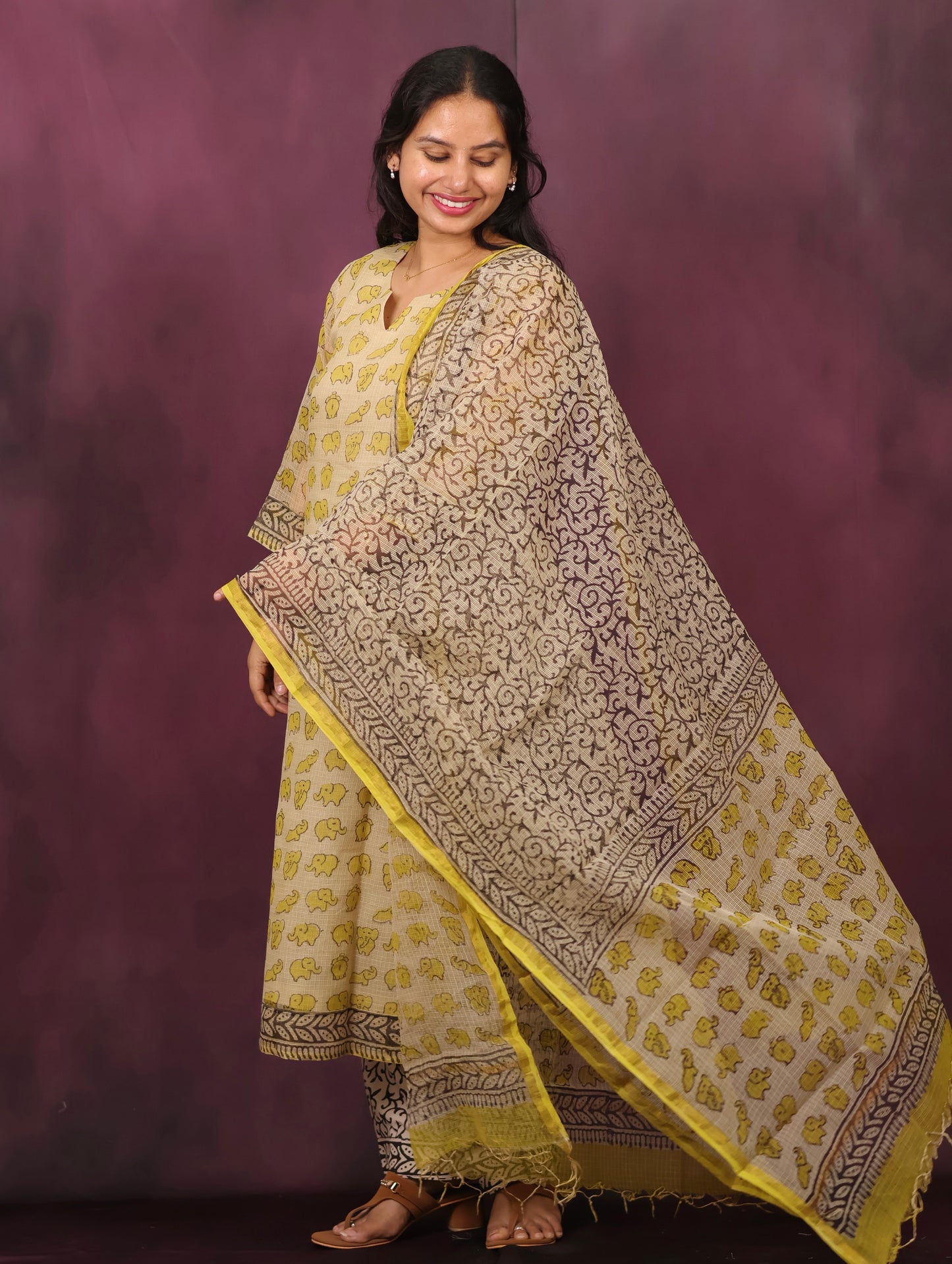 Cream & Yellow Elephant Handblock printed kota 3 piece suit (stitched)