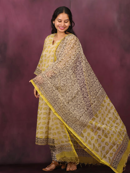 Cream & Yellow Elephant Handblock printed kota 3 piece suit (stitched)