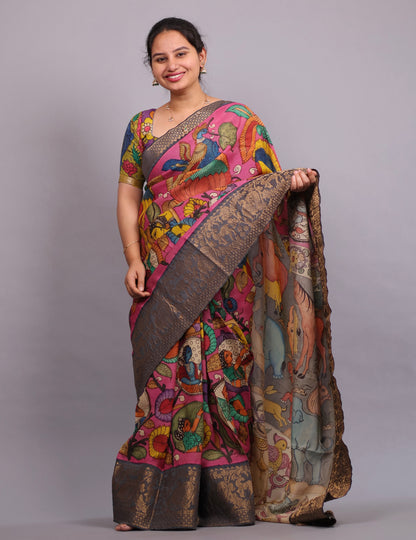 Pink Hand Drawn Pen Kalamkari Uppada Silk Kuppadam Border Saree | Looms & Tassels