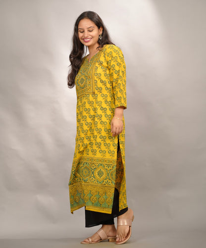 Mustard Yellow Ajrakh Pattern Hand Block printed Kurti | Looms & Tassels