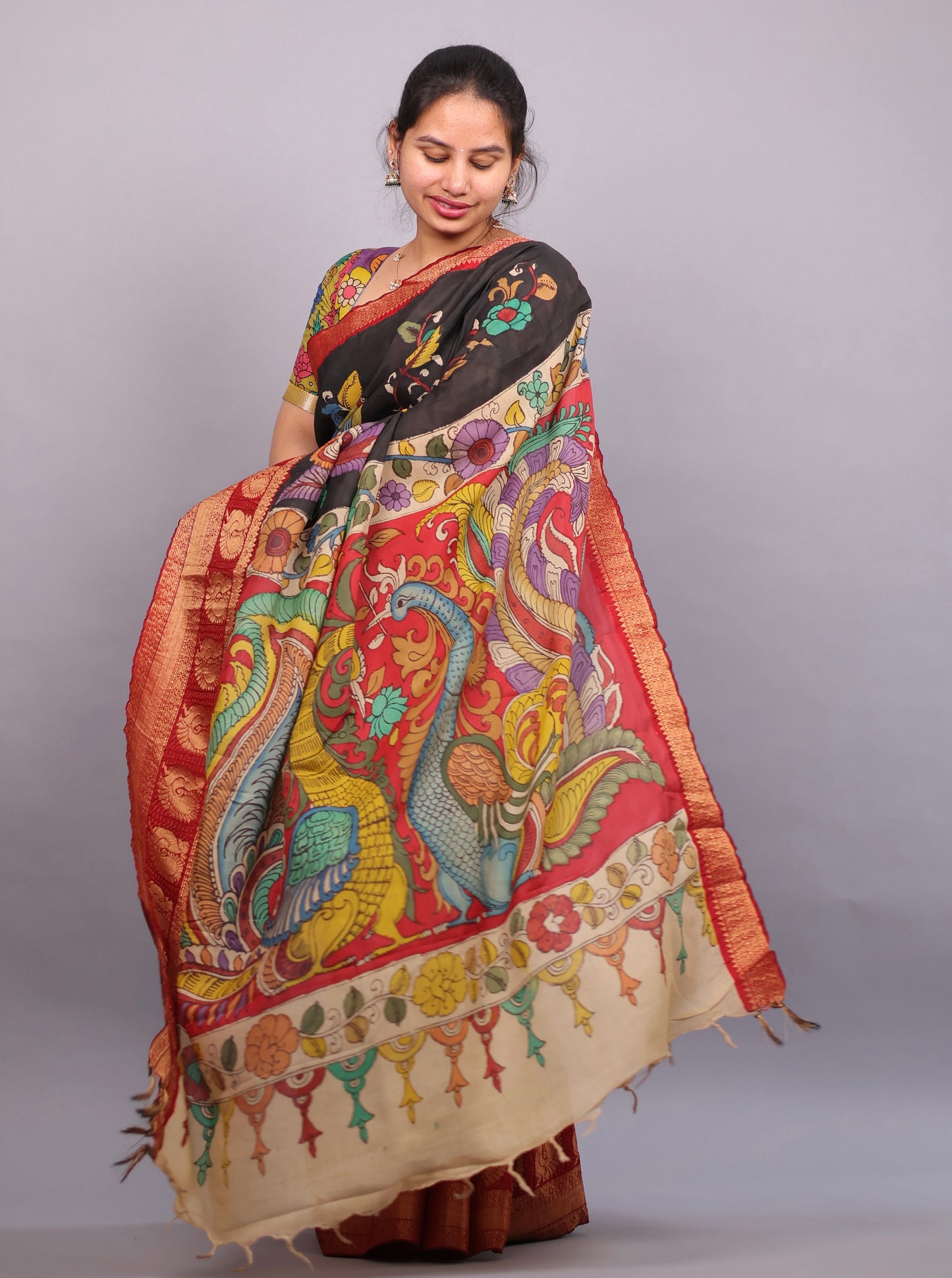 Black Hand Painted Pen Kalamkari Silk Saree