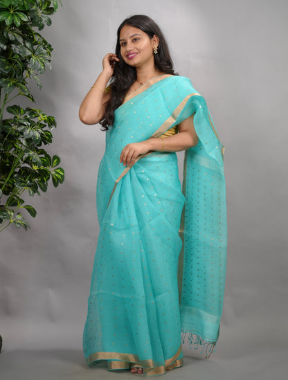 Ice Blue Handwoven Muslin Silk Saree With Sequence Work | Looms & Tassels