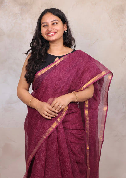 Pure Kota Doria Saree with Bagru Handblock Prints | Looms & Tassels