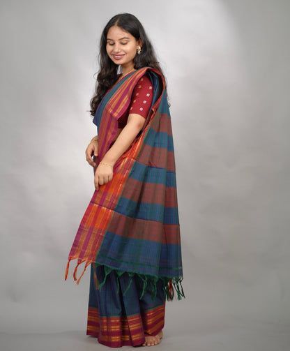 Peacock Blue Checks Narayanpet Cotton Saree with Traditional contrast Border | Looms & Tassels