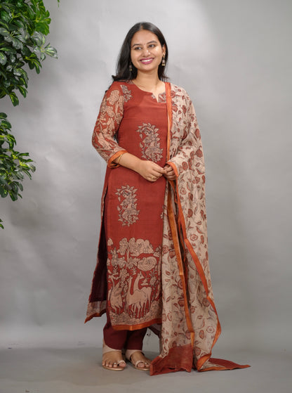 Maroon Kalamkari Kota Cotton 3 piece suit (stitched) | Looms & Tassels