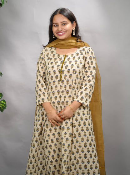 Cream Ajrakh Cotton Kali Kurta | Looms & Tassels