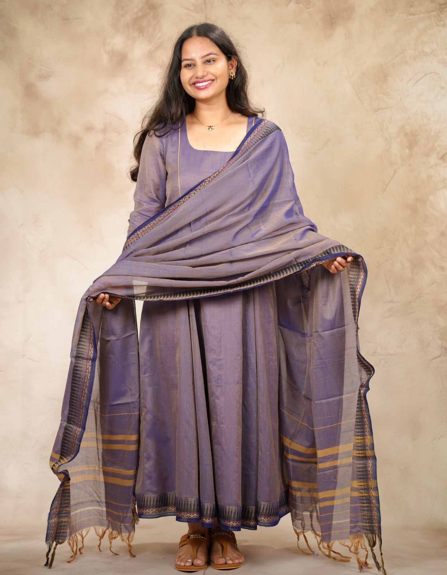 Lavender Narayanpet Cotton Anarkali Dress with Narayanpet Dupatta | Looms & Tassels