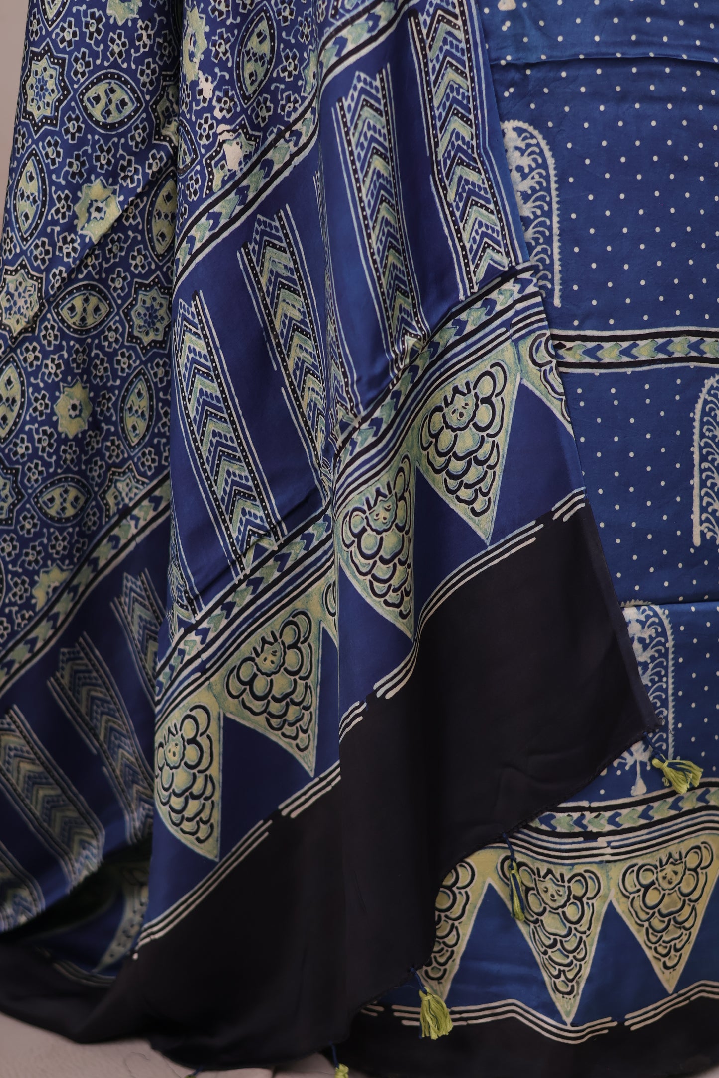 Indigo Ajrakh Handblock Printed Modal Silk 2 Piece Suit Set | Looms & Tassels