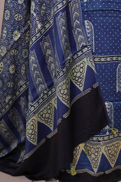 Indigo Ajrakh Handblock Printed Modal Silk 2 Piece Suit Set | Looms & Tassels
