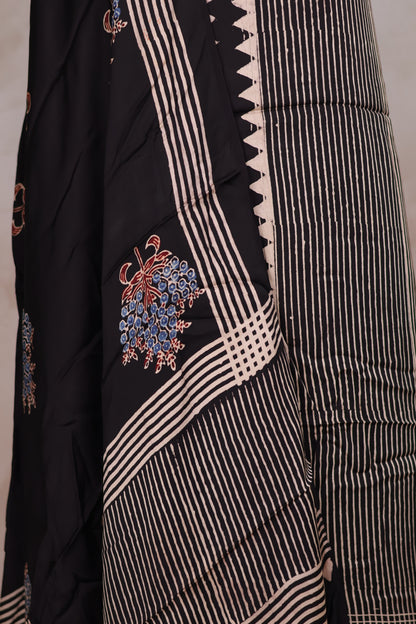 Black Ajrakh Handblock Printed Modal Silk 2 Piece Suit Set | Looms & Tassels
