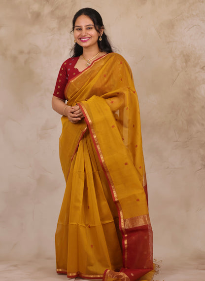 Mustard Handloom Maheswari Silk Cotton Sarees | Looms & Tassels