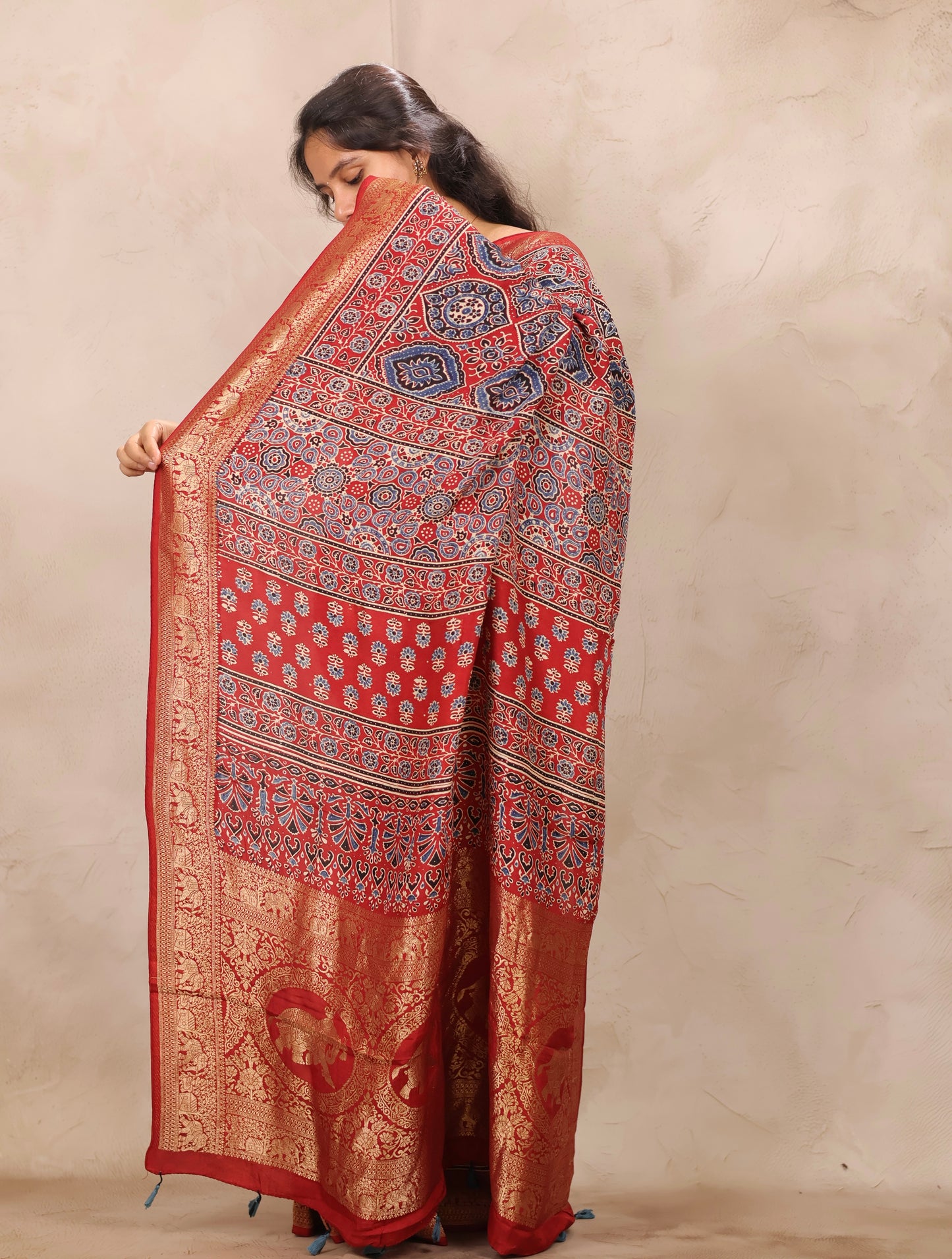 Red Badam Butta Ajrakh Handblock printed Dola Silk Saree | Looms & Tassels