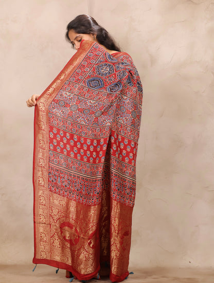 Red Badam Butta Ajrakh Handblock printed Dola Silk Saree | Looms & Tassels