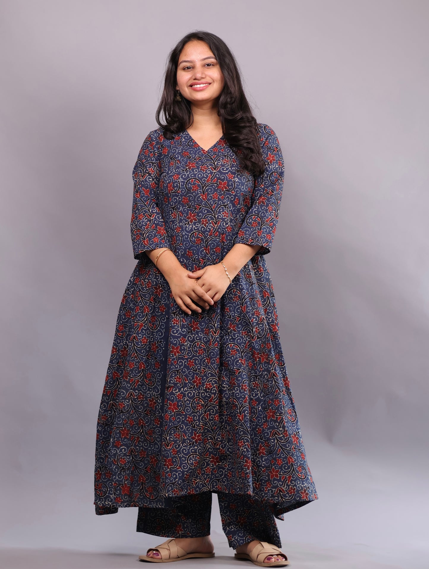 Indigo Ajrakh Handblock Printed Kali Kurti Co-ord Set (Pure Cotton ) | Looms & Tassels