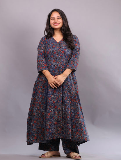 Indigo Ajrakh Handblock Printed Kali Kurti Co-ord Set (Pure Cotton ) | Looms & Tassels