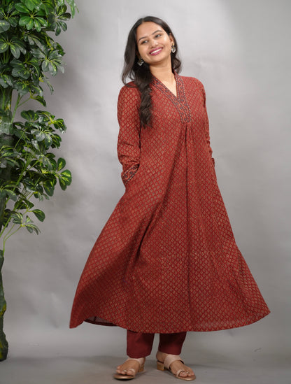 Rust Maroon Butti Ajrakh Cotton Kali Kurta | Looms & Tassels