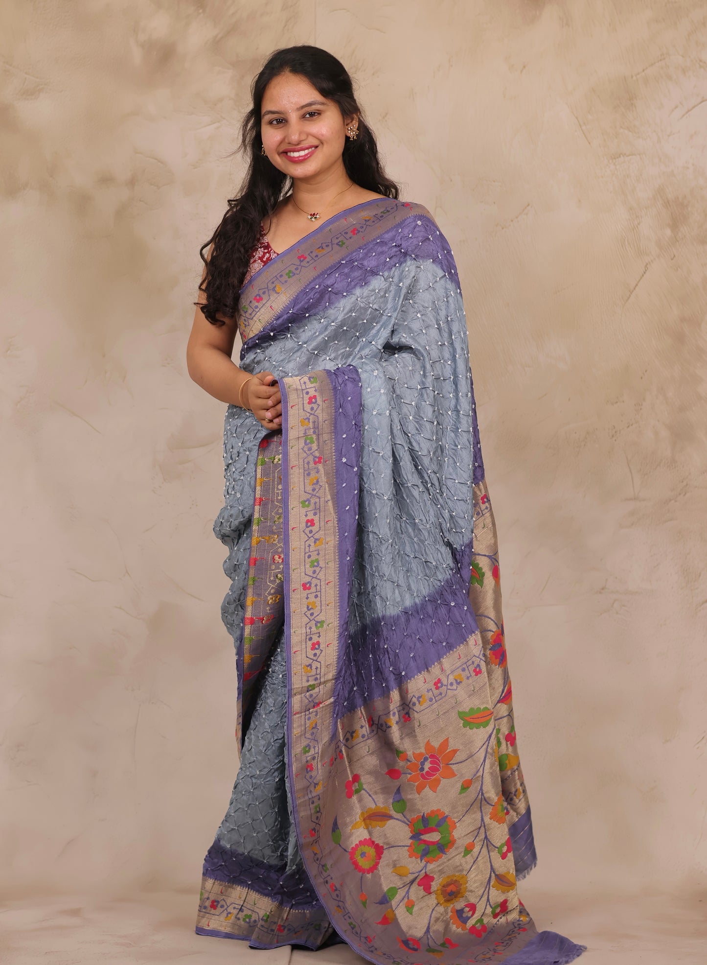 Blue & Grey Handcrafted Bandhani Paithani Dola Silk Saree | Looms & Tassels