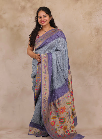 Blue & Grey Handcrafted Bandhani Paithani Dola Silk Saree | Looms & Tassels