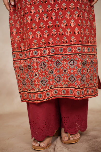 Red Ajrakh Pattern Hand Block printed Kurti | Looms & Tassels