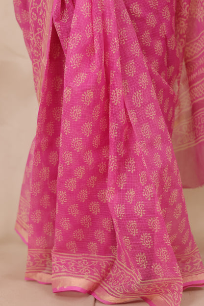 Pink Pure Kota Doria Saree with Bagru Handblock Prints | Looms & Tassels