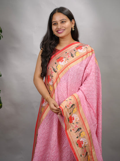 Pastel pink Handcrafted Bandhani Paithani Dola Silk Saree | Looms & Tassels