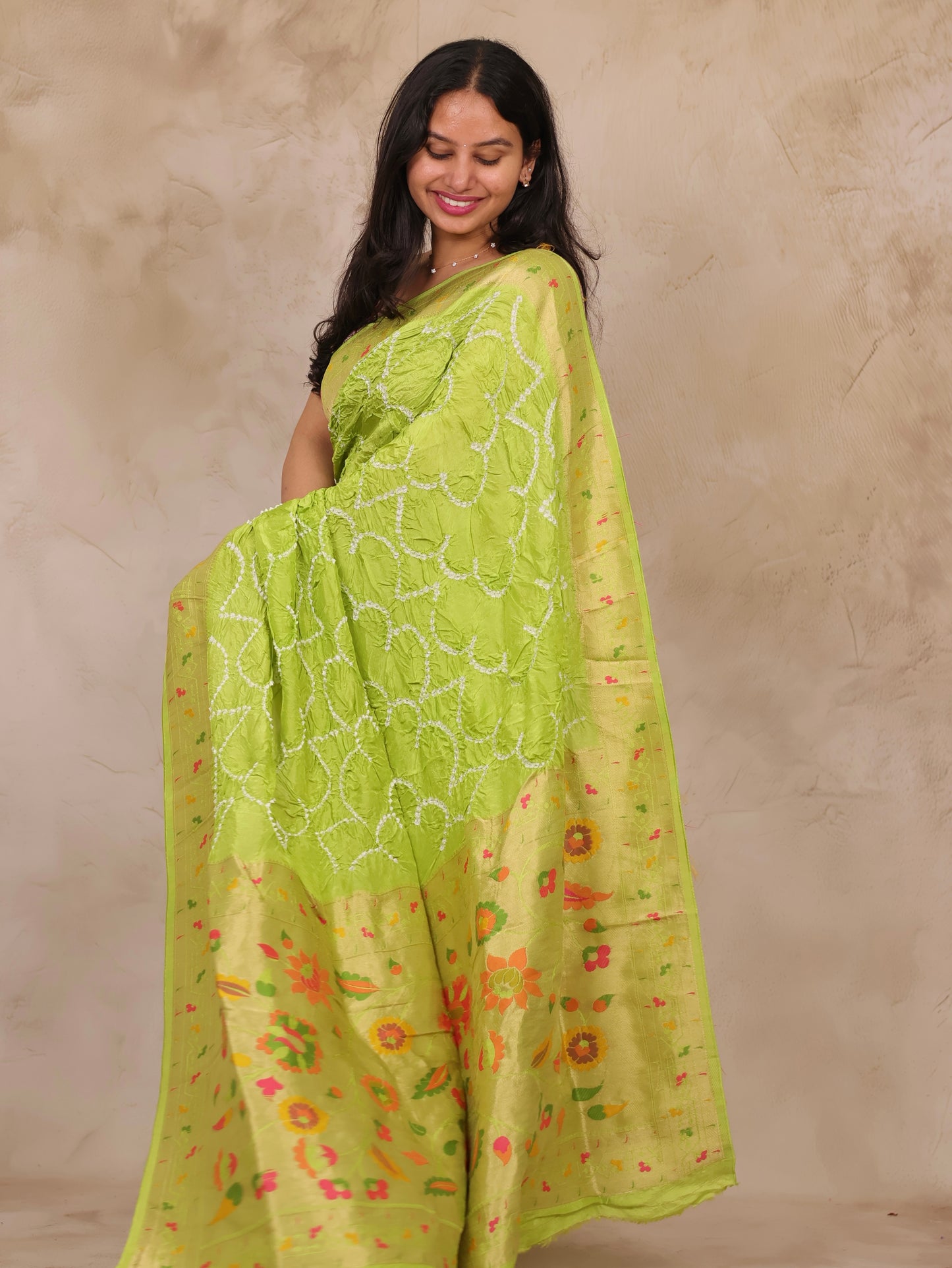 Pista Green Handcrafted Pattern Bandhani Paithani Dola Silk Saree | Looms & Tassels